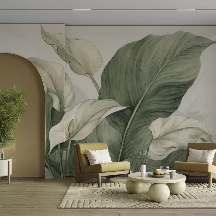 murales de pared Primer plano de spathiphyllum en flor con hojas grandes w04263