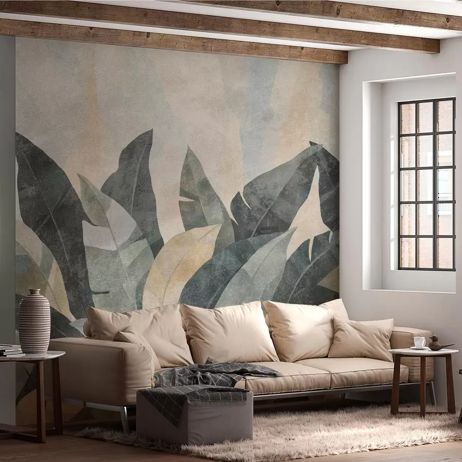 murales de pared hojas de plátano texturizadas en tonos naturales de beige, verde y gris w04285