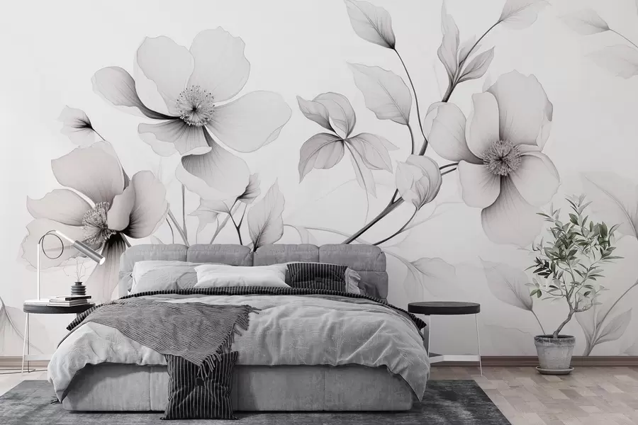 murales de pared Flores blancas y negras de líneas elegantes sobre fondo gris w09271