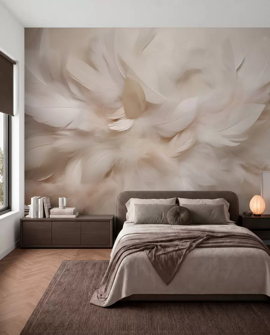 murales de pared Plumas esponjosas y plumón en tonos crema w09274