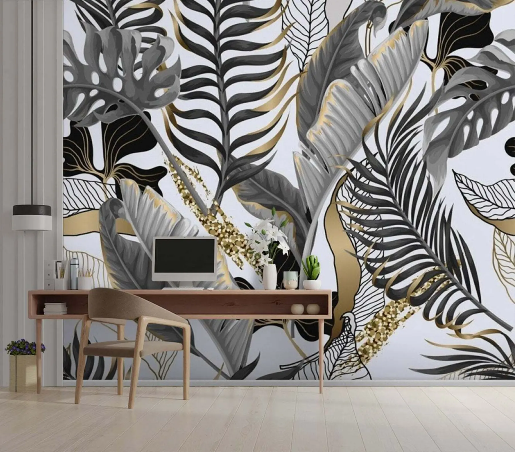 murales de pared Hojas tropicales grises sobre fondo blanco u71888