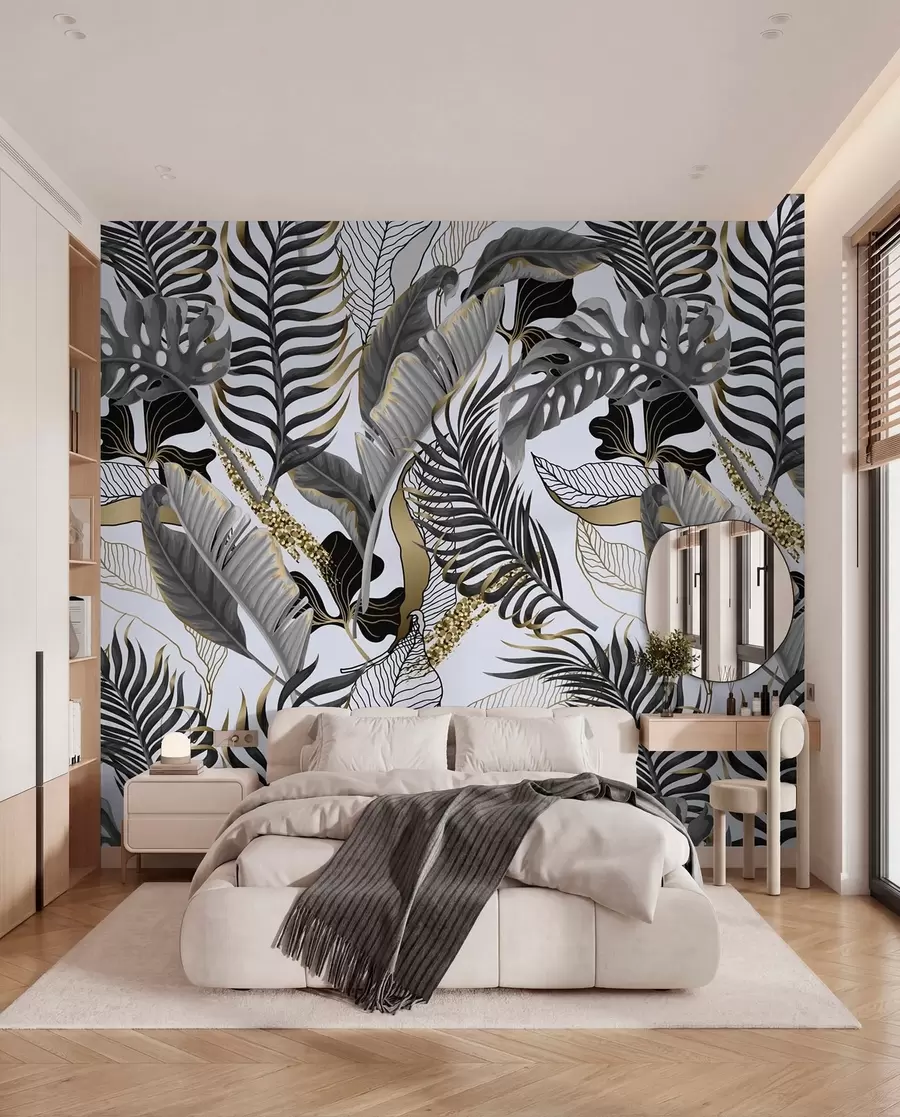 murales de pared Hojas tropicales grises sobre fondo blanco u71888