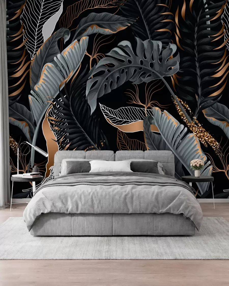 murales de pared Follaje tropical sobre un fondo negro u71889