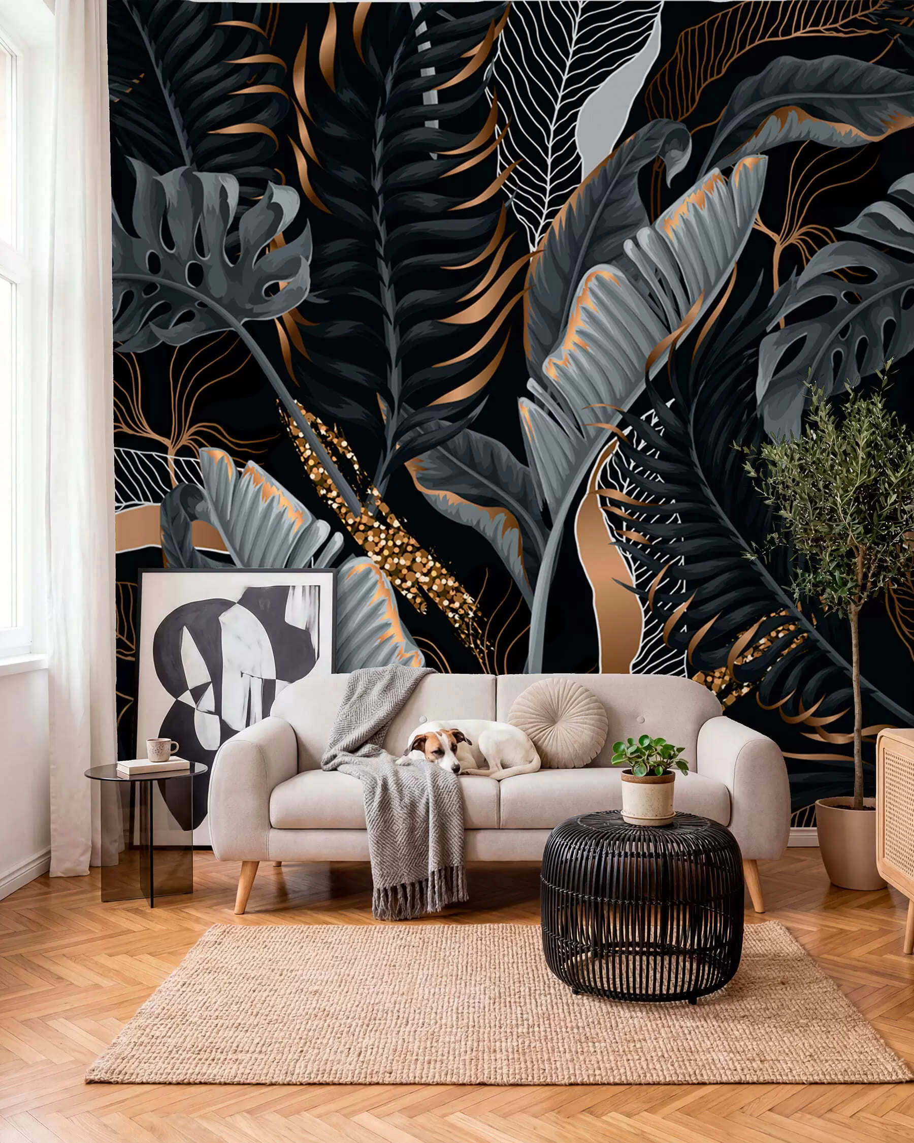 murales de pared Follaje tropical sobre un fondo negro u71889