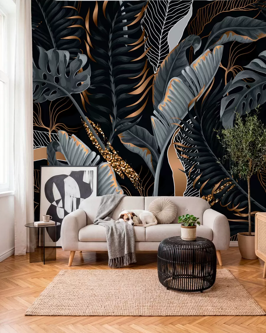 murales de pared Follaje tropical sobre un fondo negro u71889