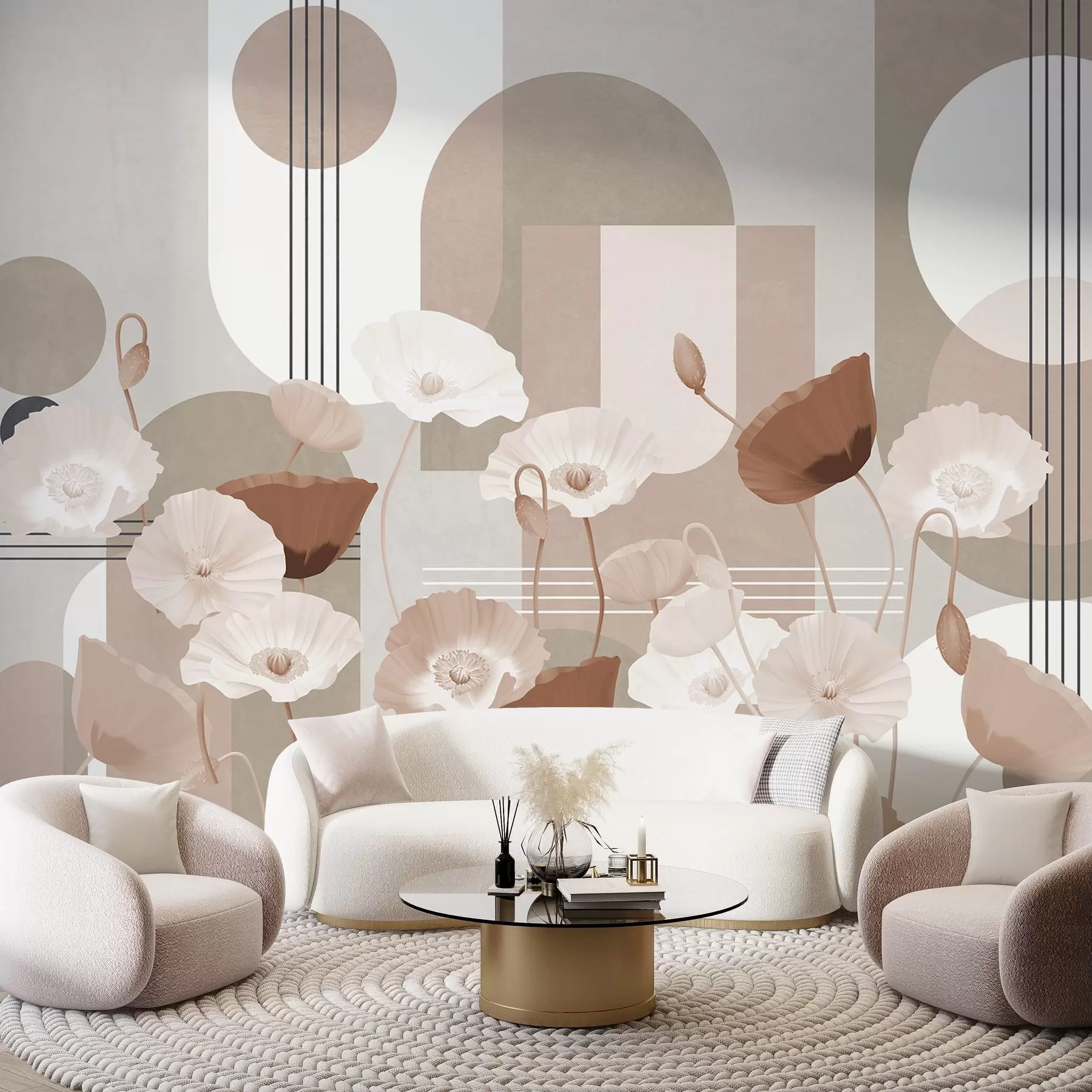 murales de pared Amapolas en colores blanco y beige con formas geométricas en el fondo, círculos y arcos, estilo minimalista, colores suaves w09289