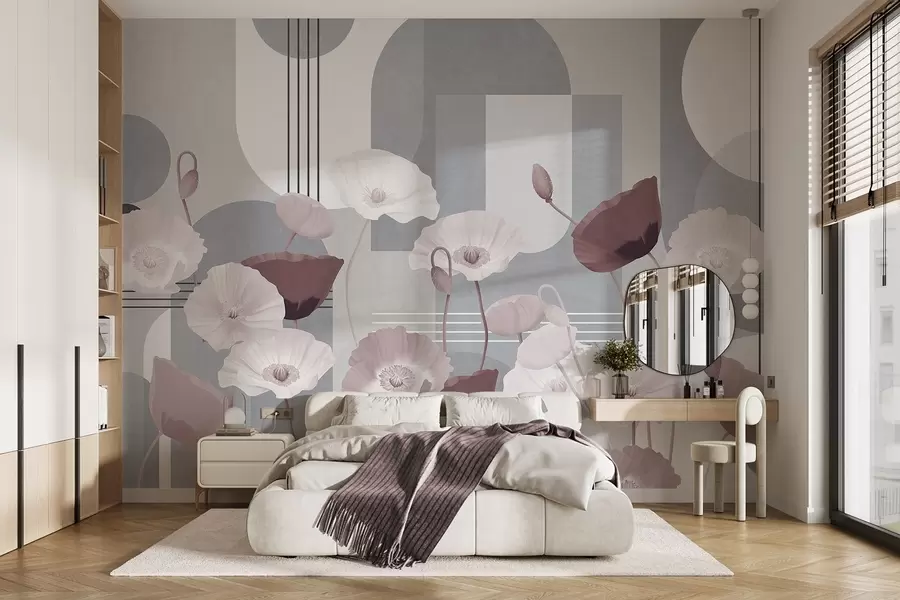 murales de pared Amapolas en colores blanco y gris con formas geométricas en el fondo, círculos y arcos, estilo minimalista, colores suaves w09289v1