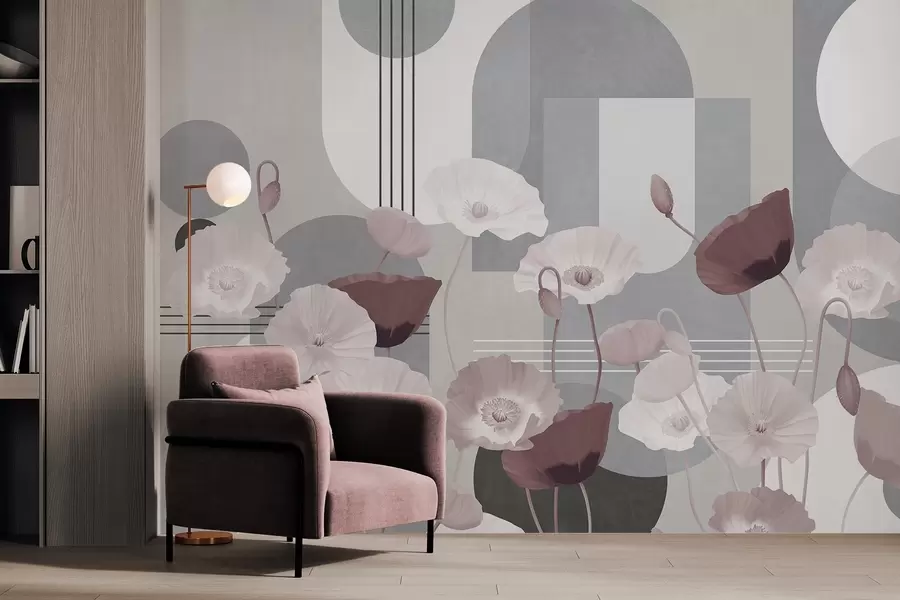 Murales de pared Amapolas en colores blanco y gris con formas geométricas en el fondo, círculos y arcos, estilo minimalista, colores suaves w09289v1 murales de pared Amapolas en colores blanco y gris con formas geométricas en el fondo, círculos y arcos, estilo minimalista, colores suaves w09289v1