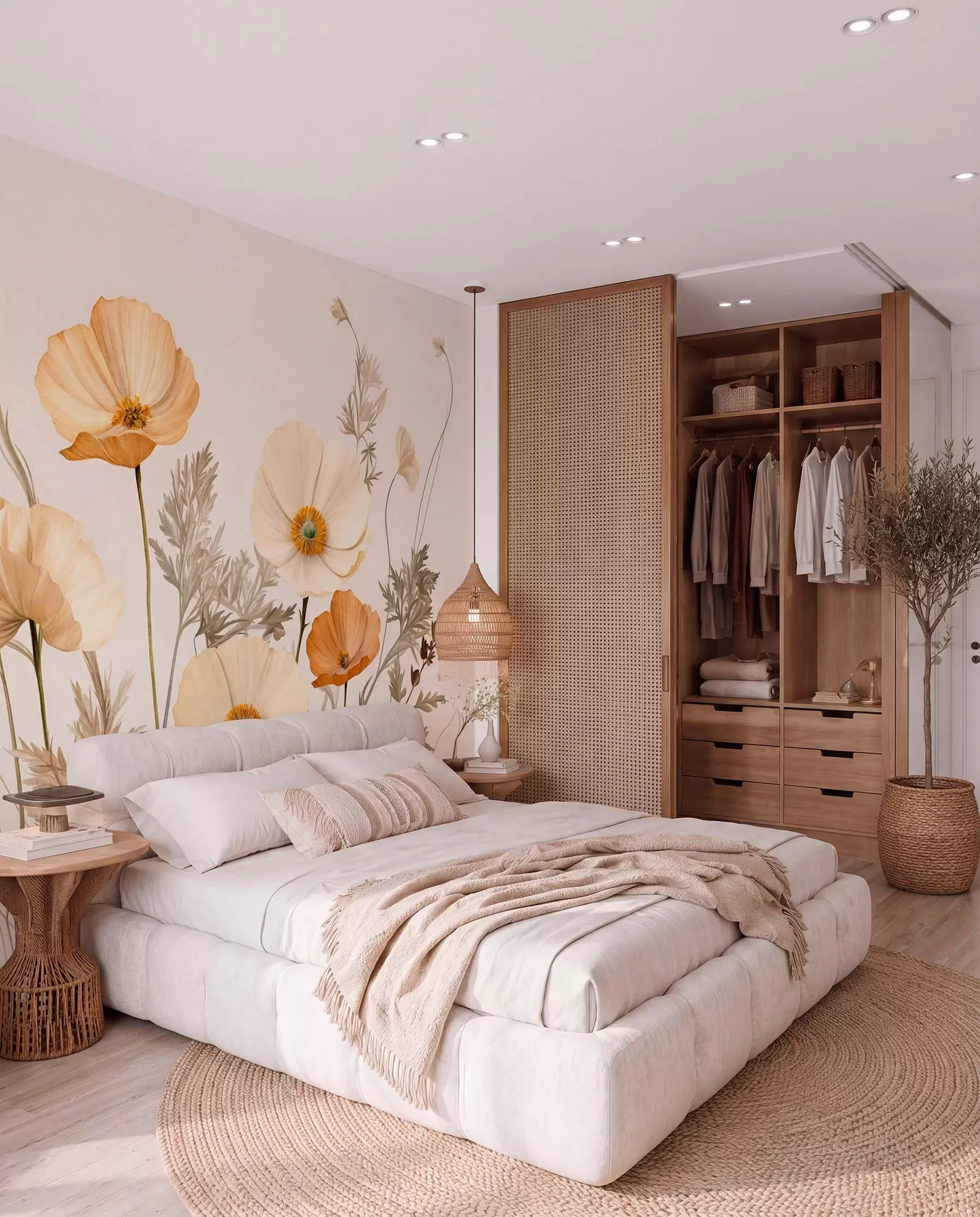 murales de pared Amapolas naranjas y blancas de textura vintage con tallos y hojas finas, fondo beige claro, estilo acuarela w09293