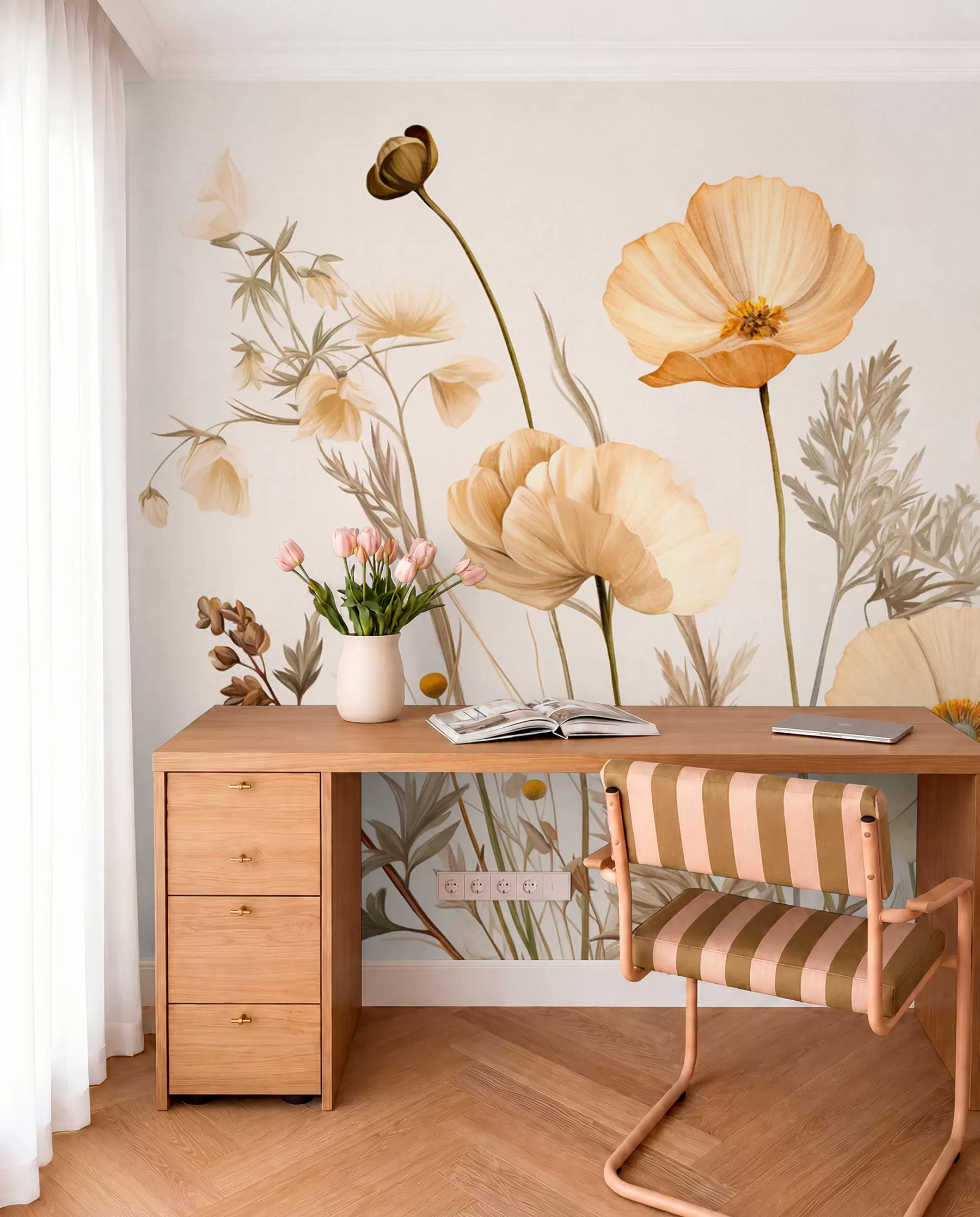 murales de pared Amapolas naranjas y blancas de textura vintage con tallos y hojas finas, fondo beige claro, estilo acuarela w09293