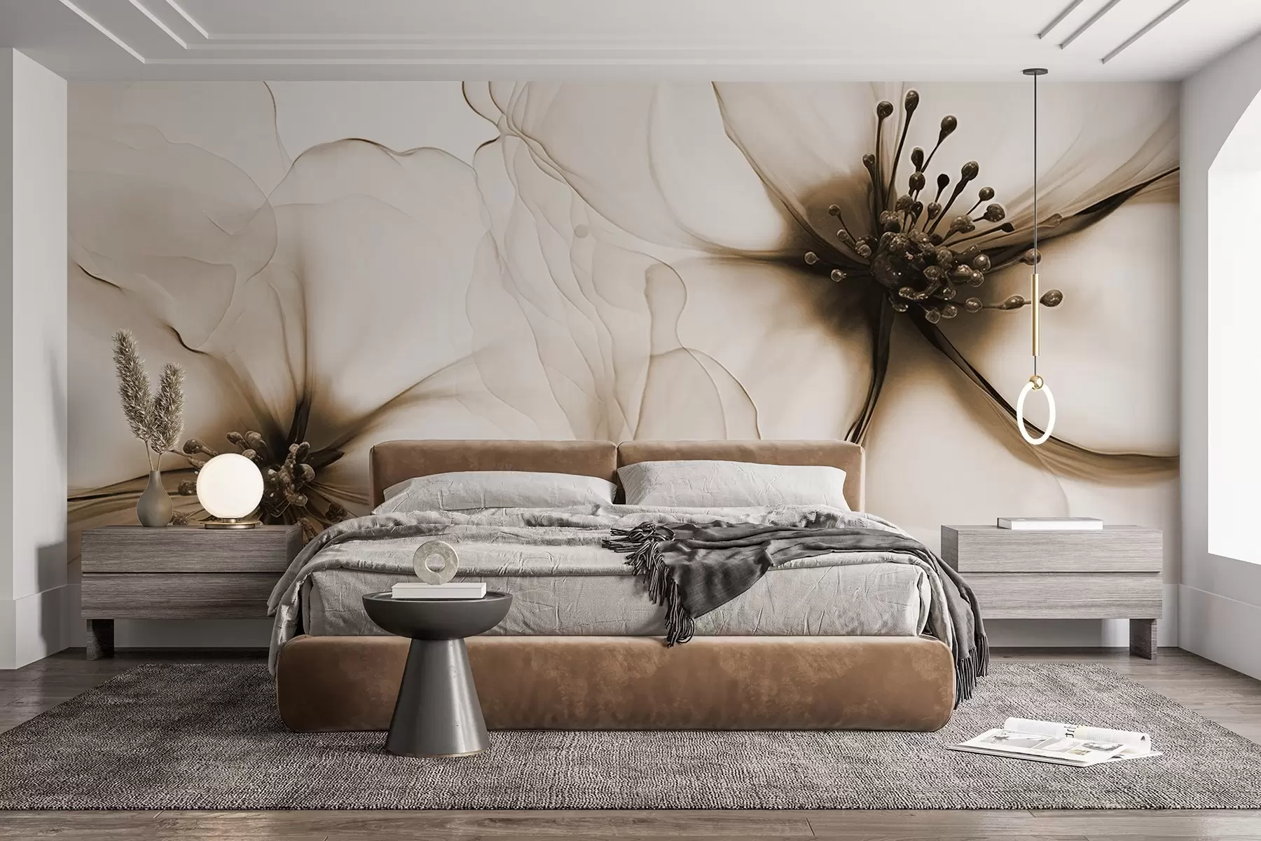 murales de pared Dos flores marrones de textura translúcida con estambres visibles, pétalos delicados superpuestos y una textura suave y fluida w09295