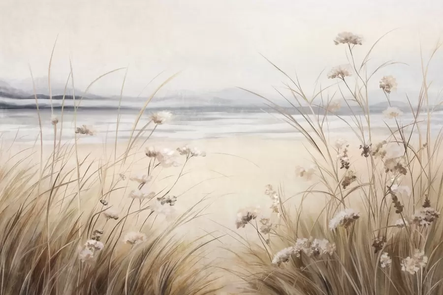 murales de pared Un campo de trigo con flores blancas en primer plano, una playa y el océano al fondo, colores pastel neutros apagados w09298