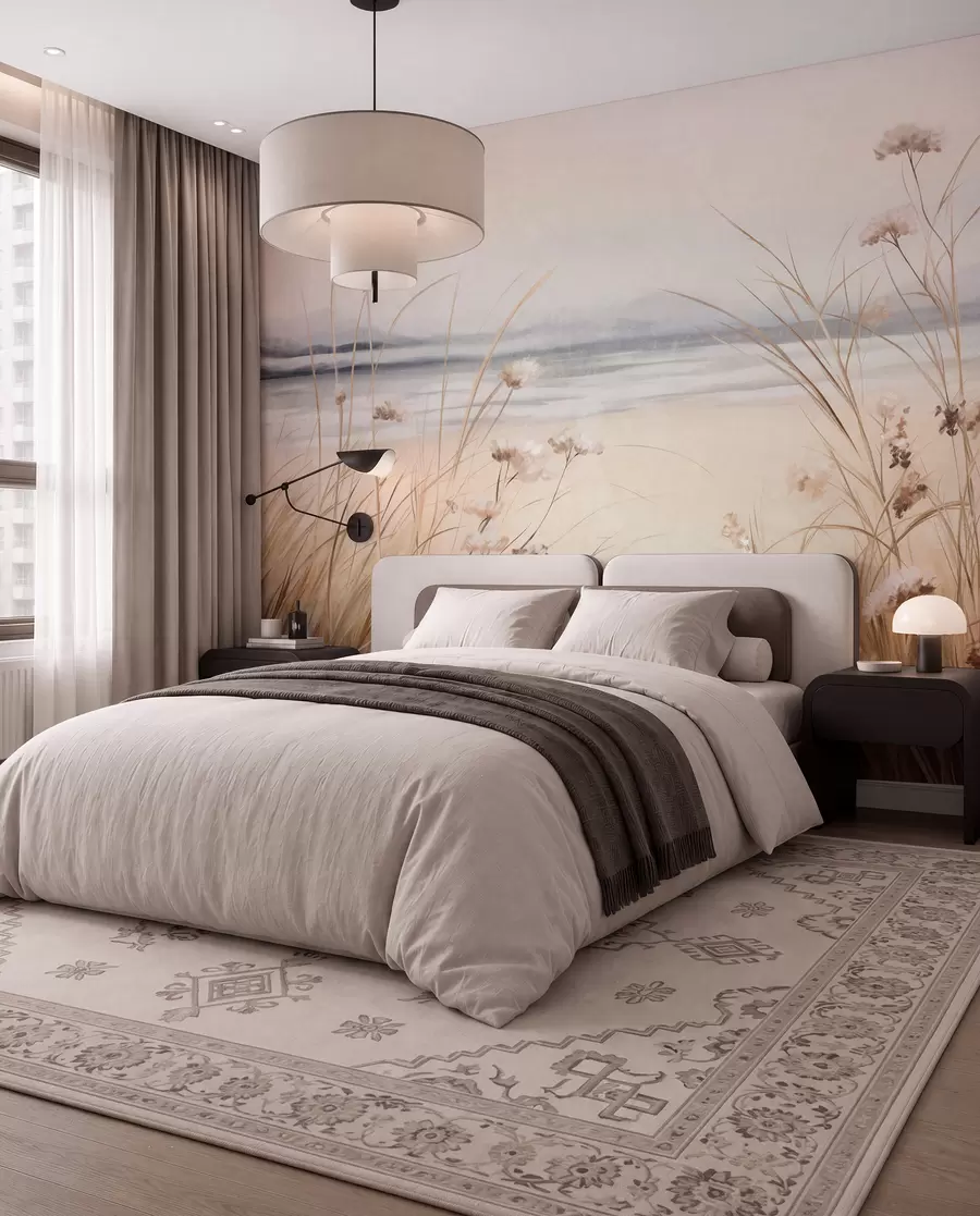 murales de pared Un campo de trigo con flores blancas en primer plano, una playa y el océano al fondo, colores pastel neutros apagados w09298