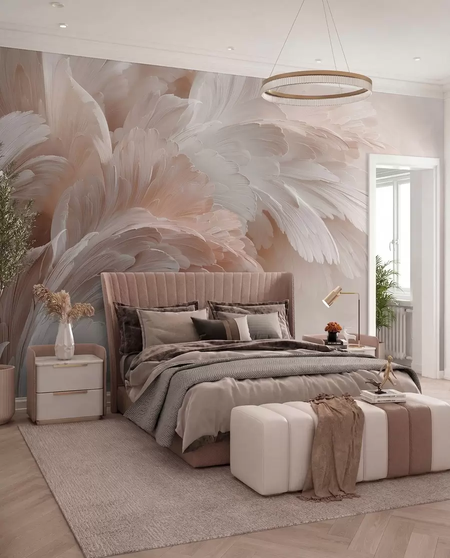 murales de pared Aireadas plumas y pétalos en tonos rosa crema w09301
