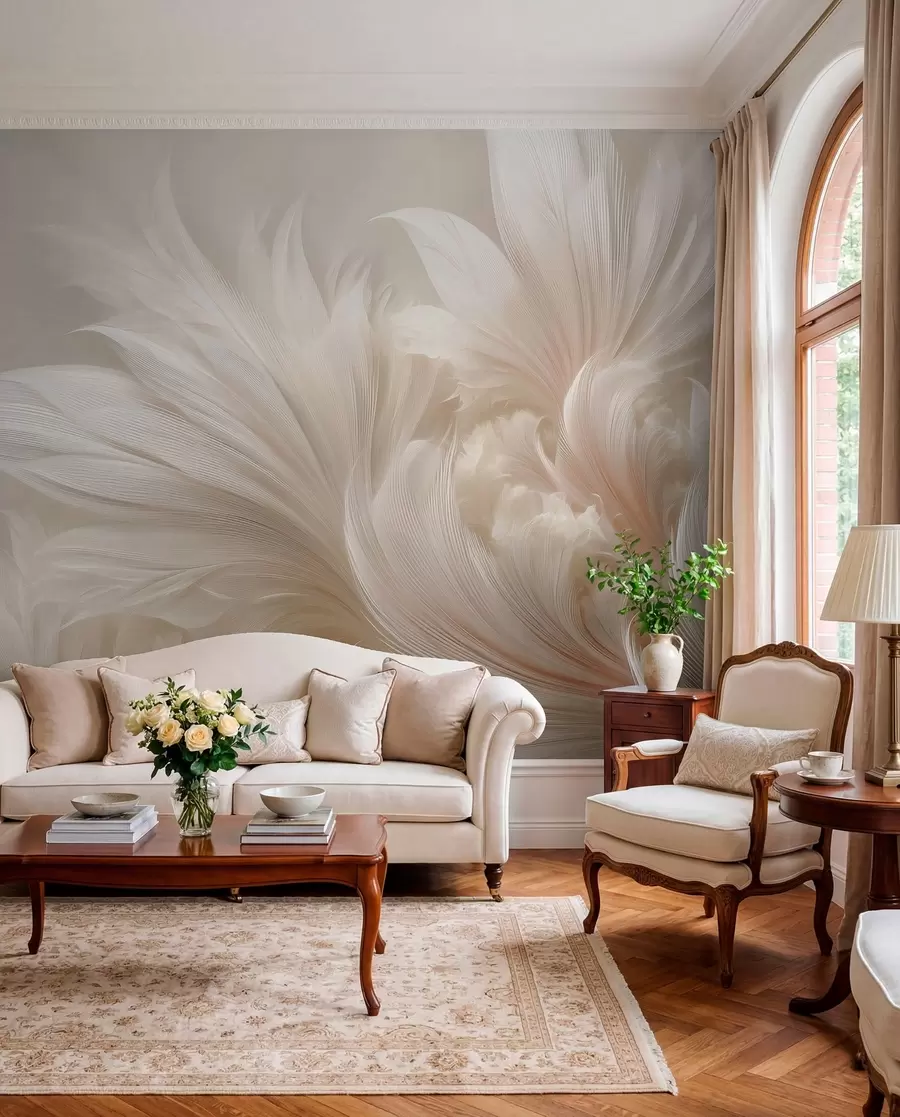 murales de pared Plumas ingrávidas en tonos crema vainilla w09302