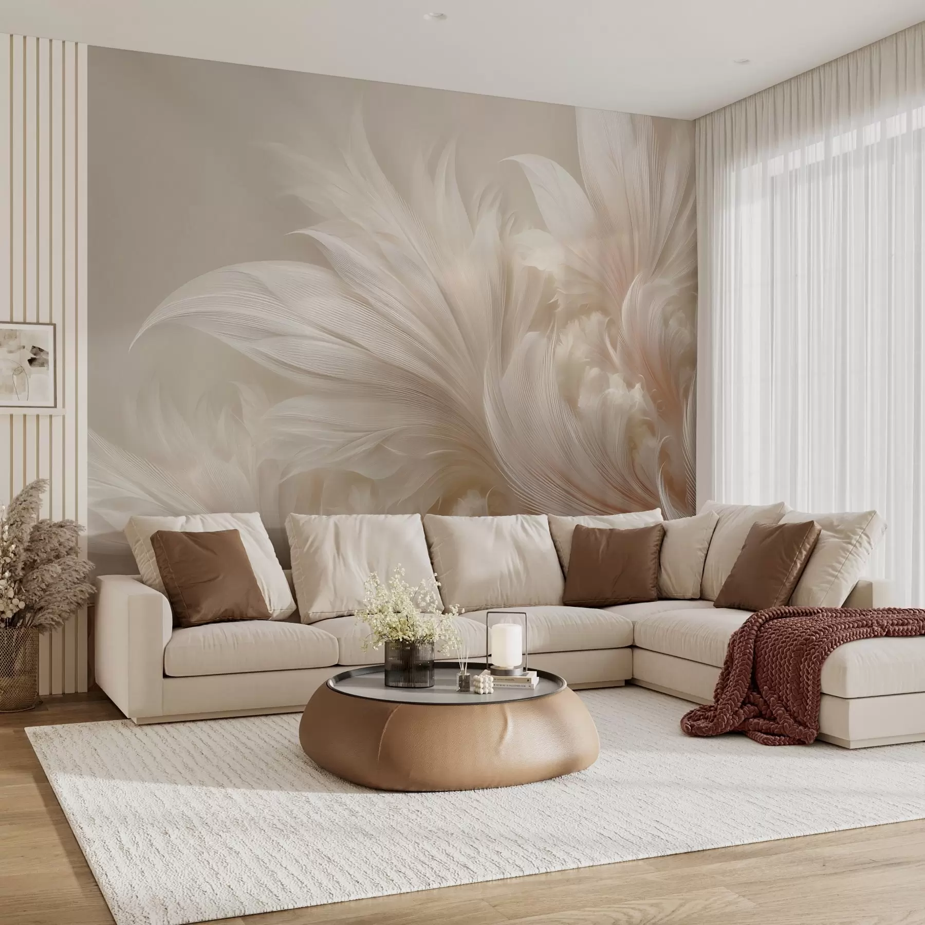 murales de pared Plumas ingrávidas en tonos crema vainilla w09302