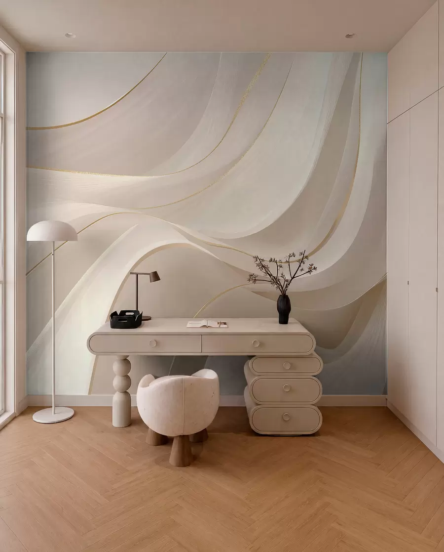 murales de pared Ondas fluidas con toques amarillos en luz cremosa w09303