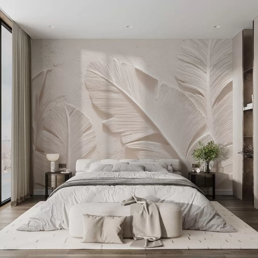 murales de pared Hojas en relieve en cálidos tonos beige-arena w09307v1