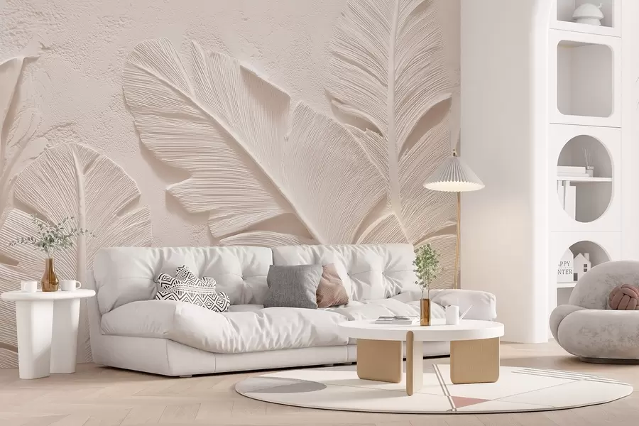 murales de pared Hojas en relieve en cálidos tonos beige-arena w09307v1
