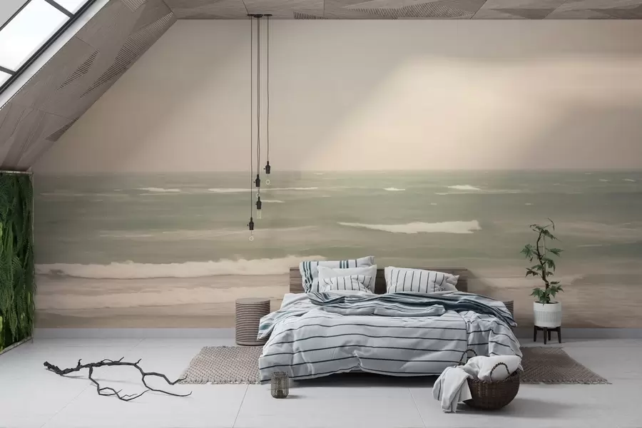 murales de pared Suave paisaje marino rosa verdoso con suaves olas w04348