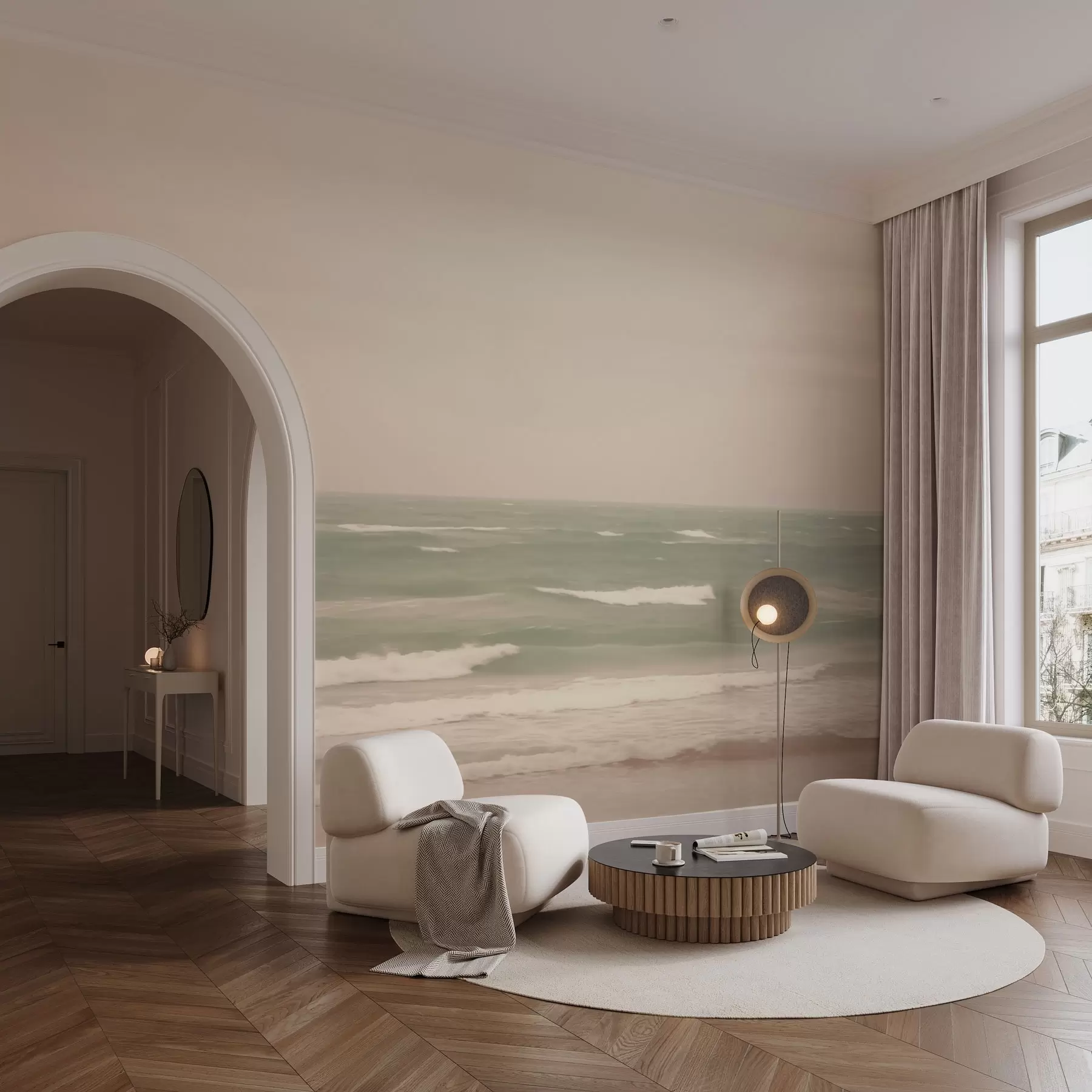 murales de pared Suave paisaje marino rosa verdoso con suaves olas w04348