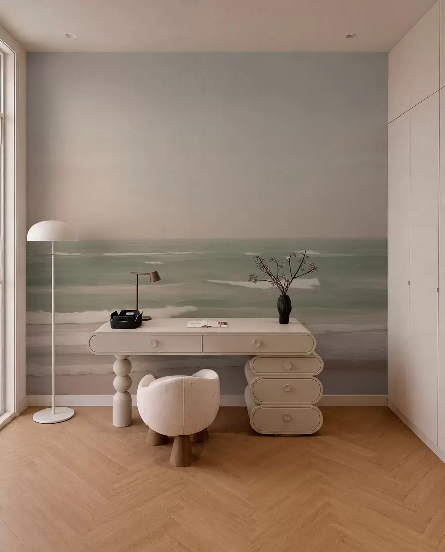 murales de pared Suave paisaje marino rosa verdoso con suaves olas w04348