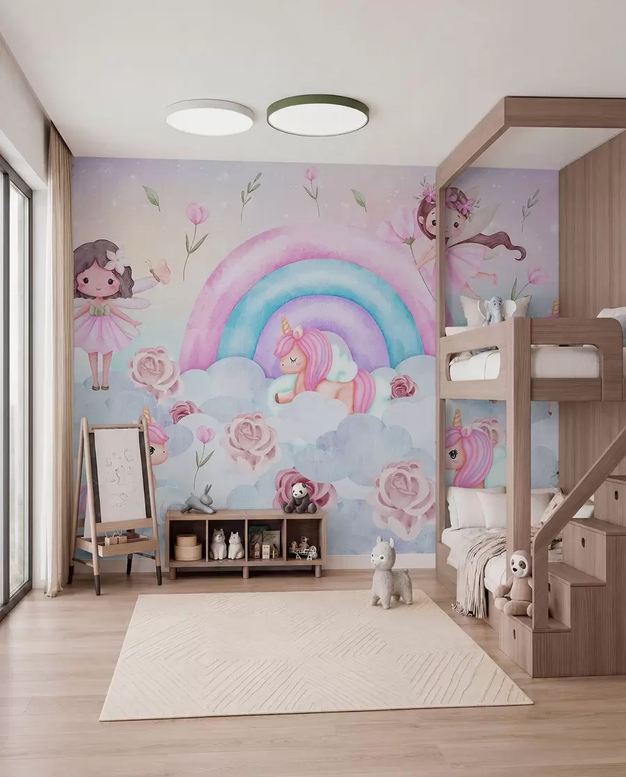 murales de pared Hadas y unicornios entre nubes y arco iris w04371