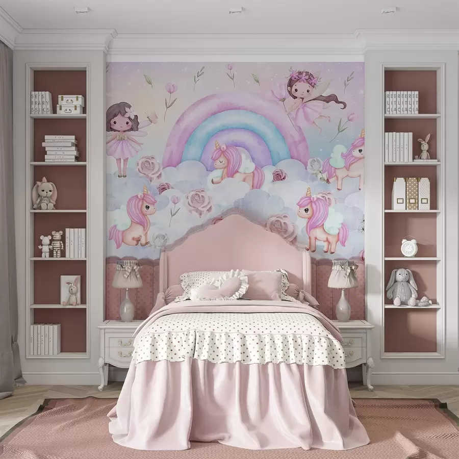 murales de pared Hadas y unicornios entre nubes y arco iris w04371
