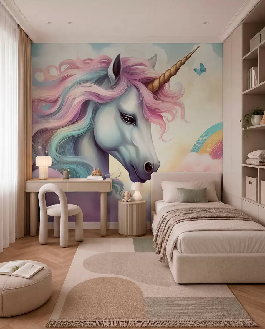 murales de pared Unicornio de crin arcoíris w04372