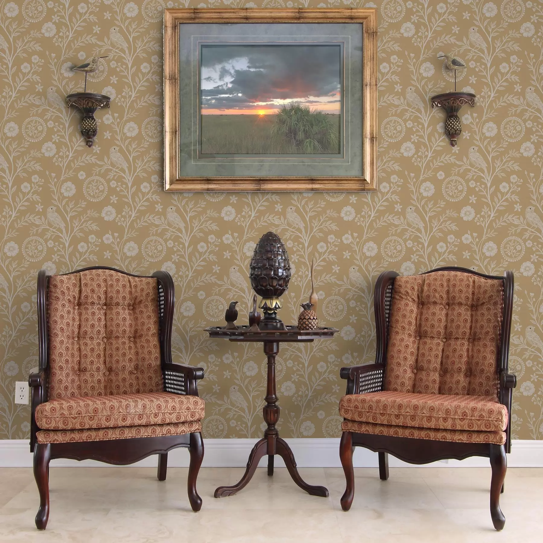 murales de pared Delicado esbozo de un pájaro y una flor blancos pájaro y flor blancos sobre fondo ocre a00393