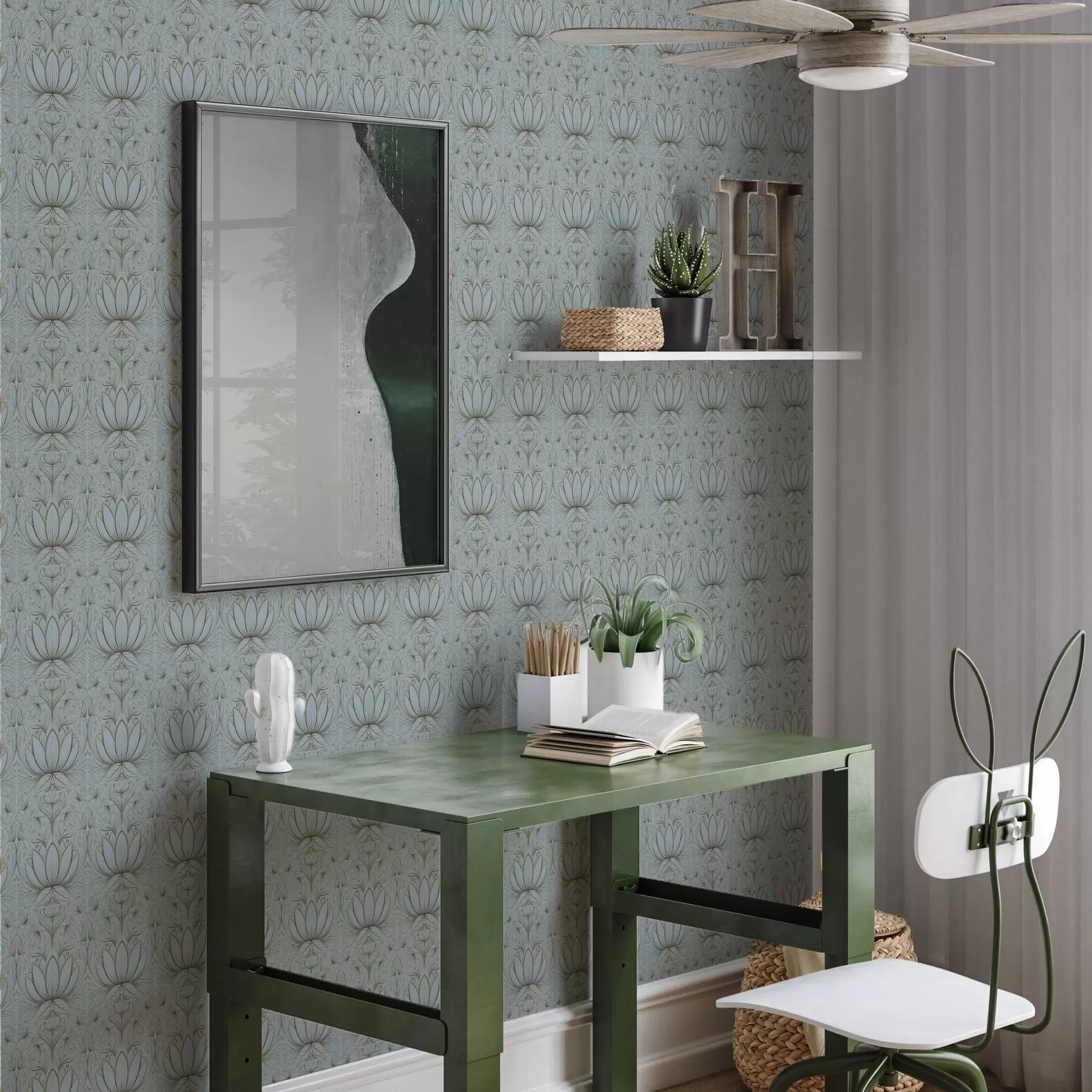 murales de pared Adorno de loto en tonos turquesa y amarillo a00439