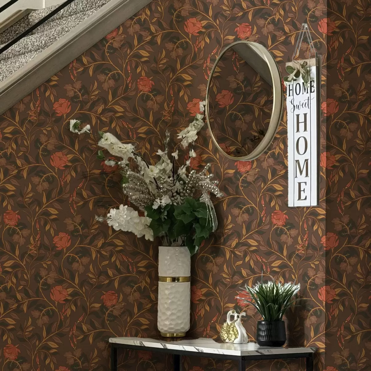 Papel pintado Ramas de terracota en flor sobre fondo marrón a00460