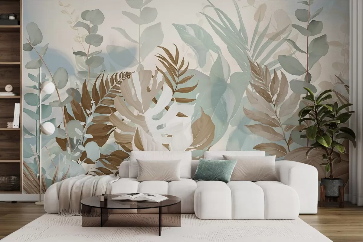 Murales de pared Plantas pastel helechos, monstera y eucalipto, fondo de textura ligera, iluminación suave, tranquilo , ilustración botánica w09316v1 murales de pared Plantas pastel helechos, monstera y eucalipto, fondo de textura ligera, iluminación suave, tranquilo , ilustración botánica w09316v1