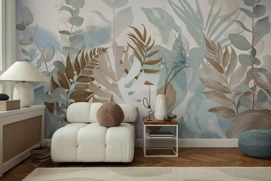 murales de pared Plantas pastel helechos, monstera y eucalipto, fondo de textura ligera, iluminación suave, tranquilo , ilustración botánica w09316v1