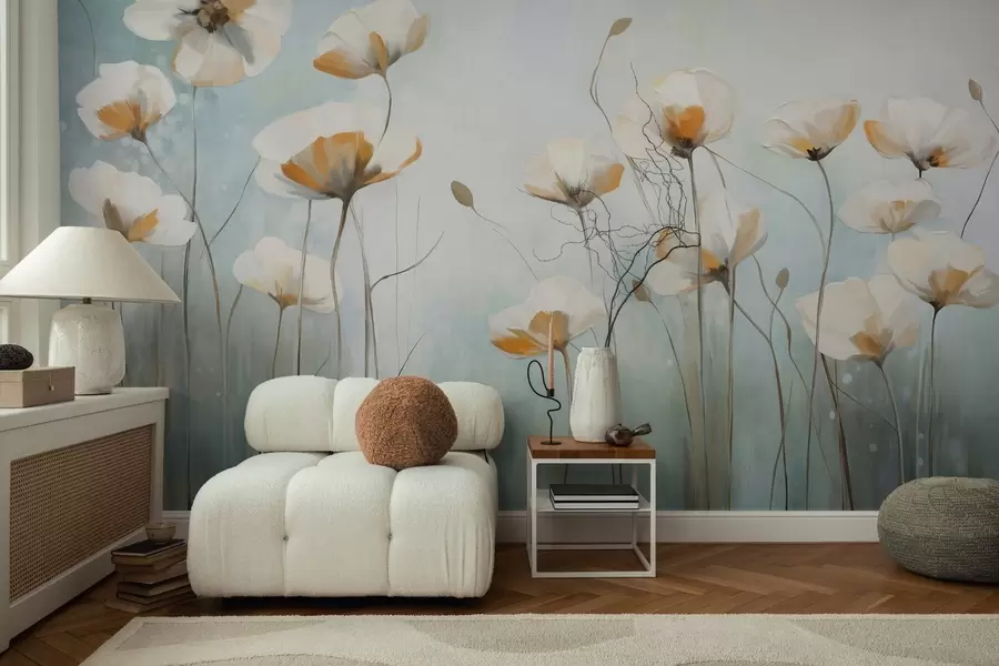 murales de pared Amapolas blancas texturizadas sobre largos tallos, fondo azul claro y verde, suaves pinceladas, delicado arreglo floral de campo w09317