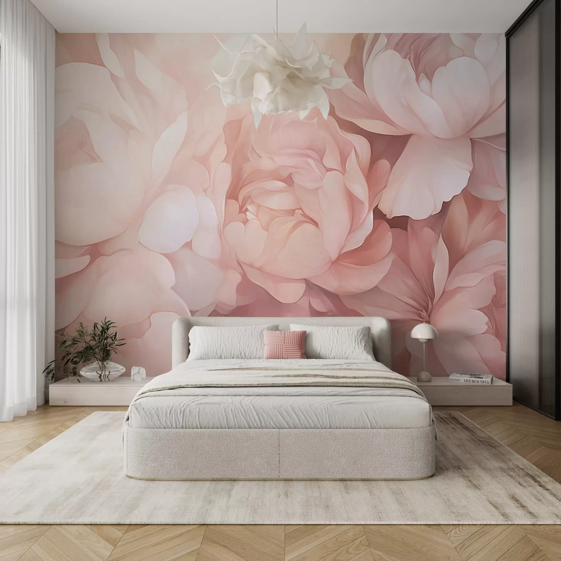 murales de pared Peonías de color rosa pastel claro con delicados pétalos suaves y texturizados, dispuestos muy juntos, creando un denso arte floral, iluminación suave w09319