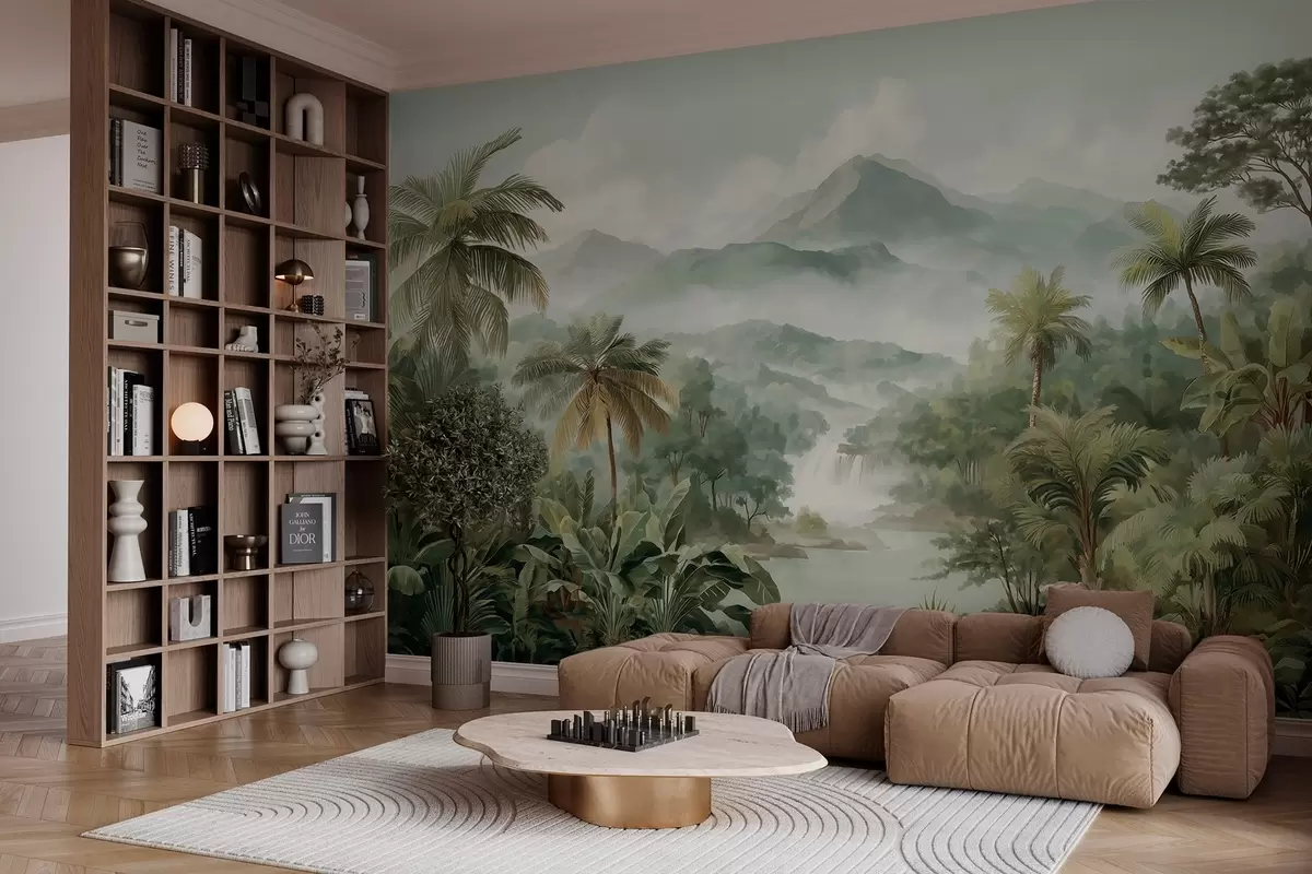 murales de pared selva tropical con cascada w04306