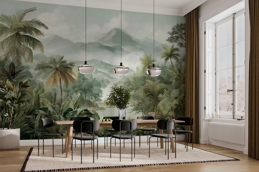 murales de pared selva tropical con cascada w04306