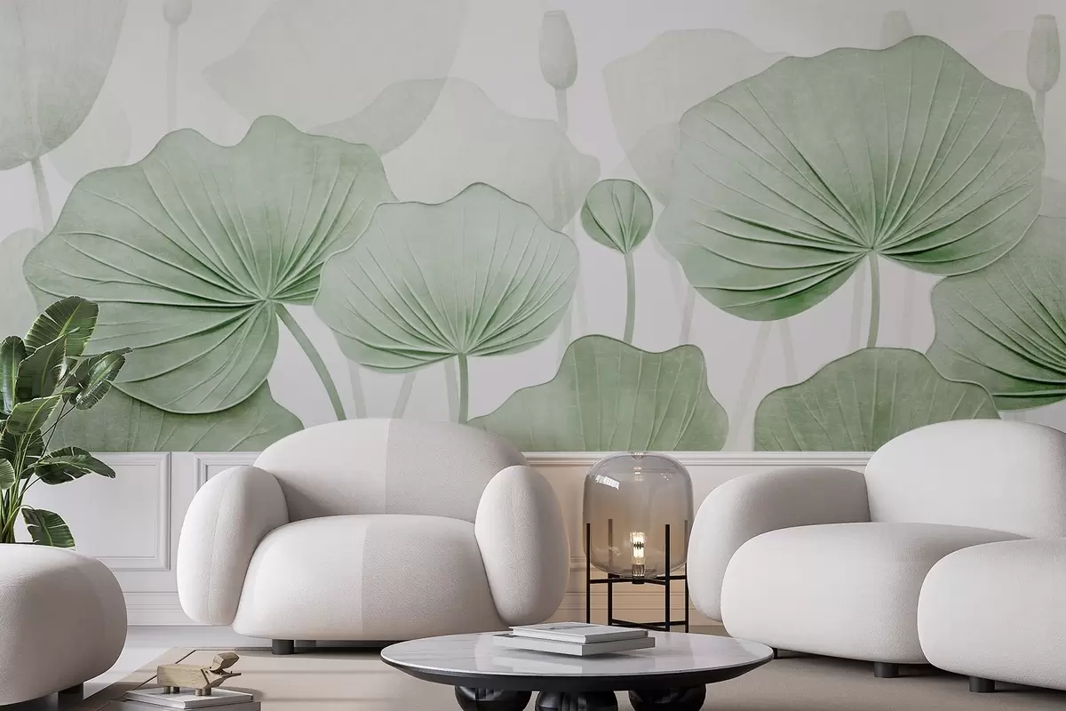 murales de pared Hojas de loto con imitación de textura envejecida w04412