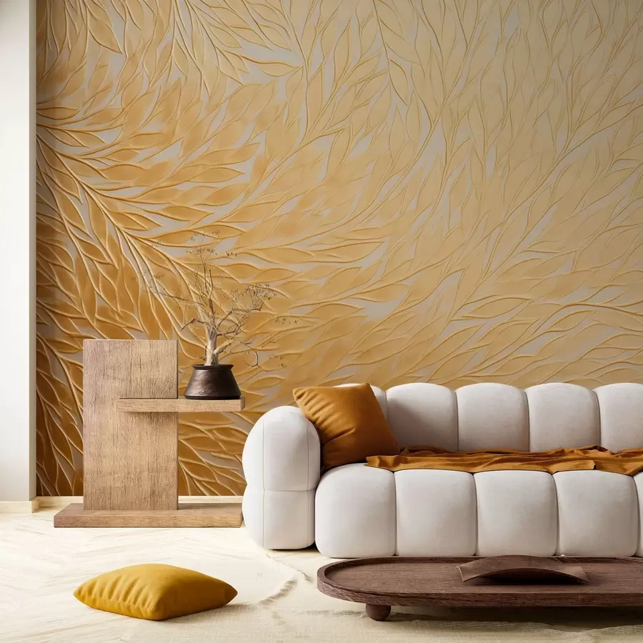 murales de pared Motivo de hojas en relieve en cálidos tonos amarillo miel w09325