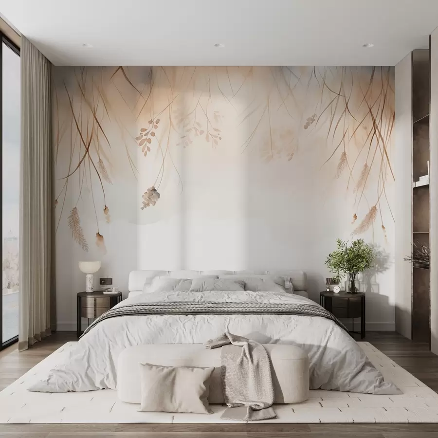 murales de pared Colas de gato caídas y espigas en la niebla en suaves tonos beige y marrón w09328