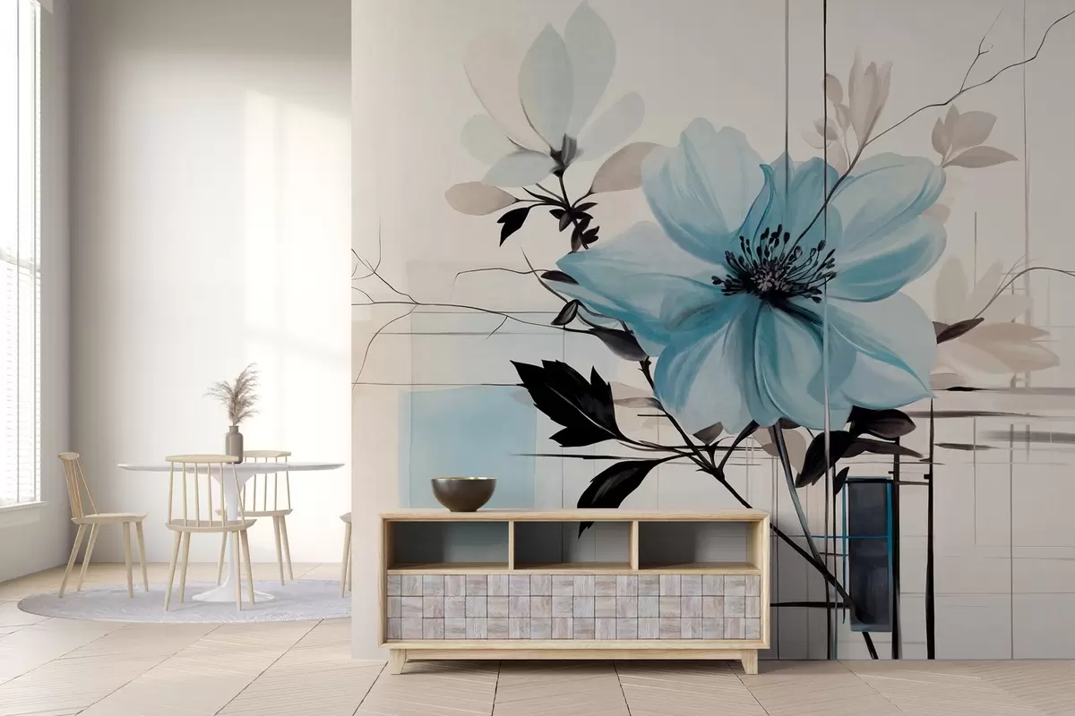 murales de pared Flor abstracta azul texturizada con hojas y ramas oscuras, formas geométricas minimalistas y líneas en colores apagados w09332