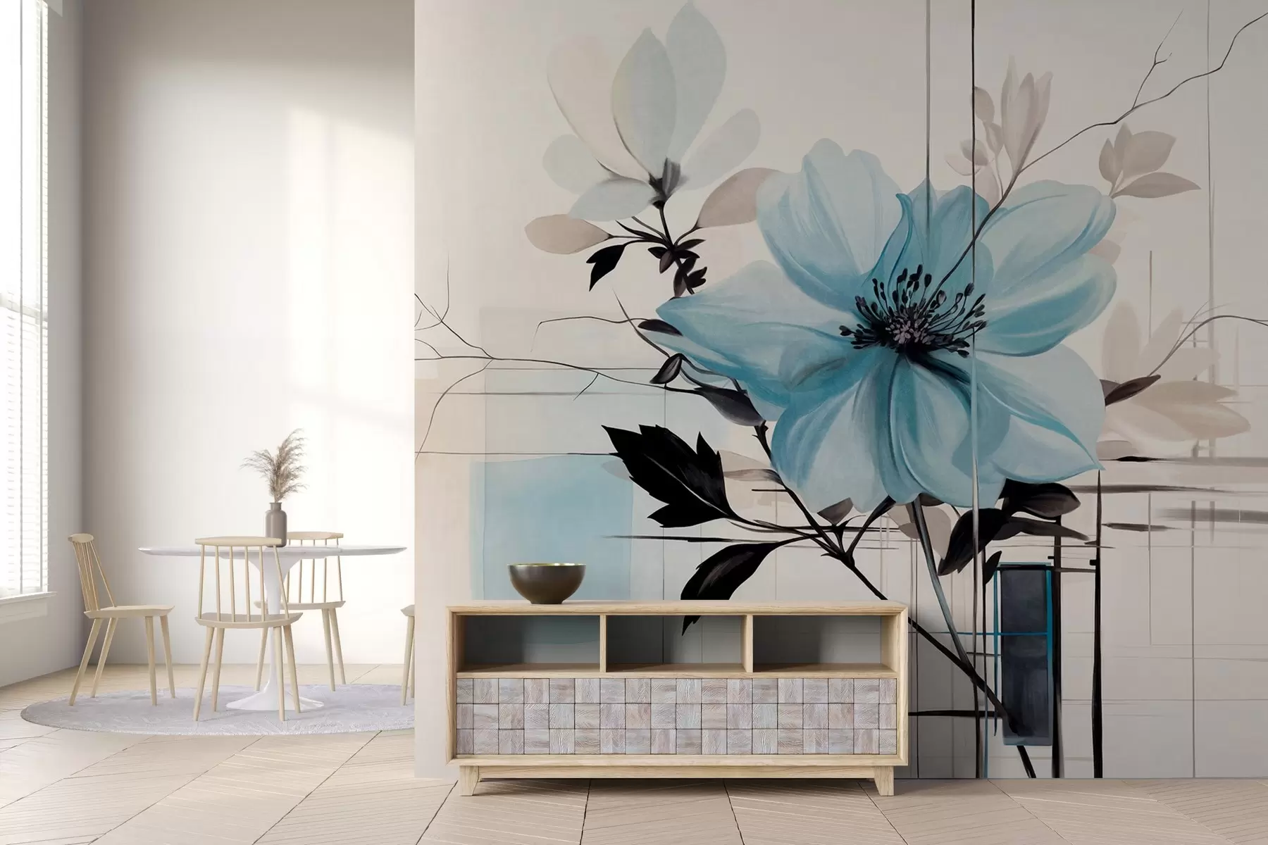murales de pared Flor abstracta azul texturizada con hojas y ramas oscuras, formas geométricas minimalistas y líneas en colores apagados w09332