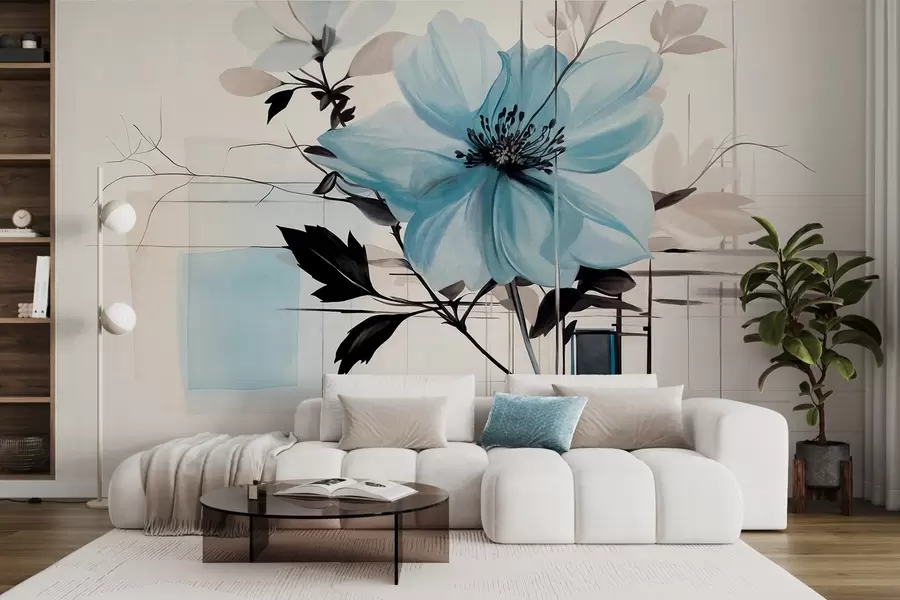 murales de pared Flor abstracta azul texturizada con hojas y ramas oscuras, formas geométricas minimalistas y líneas en colores apagados w09332