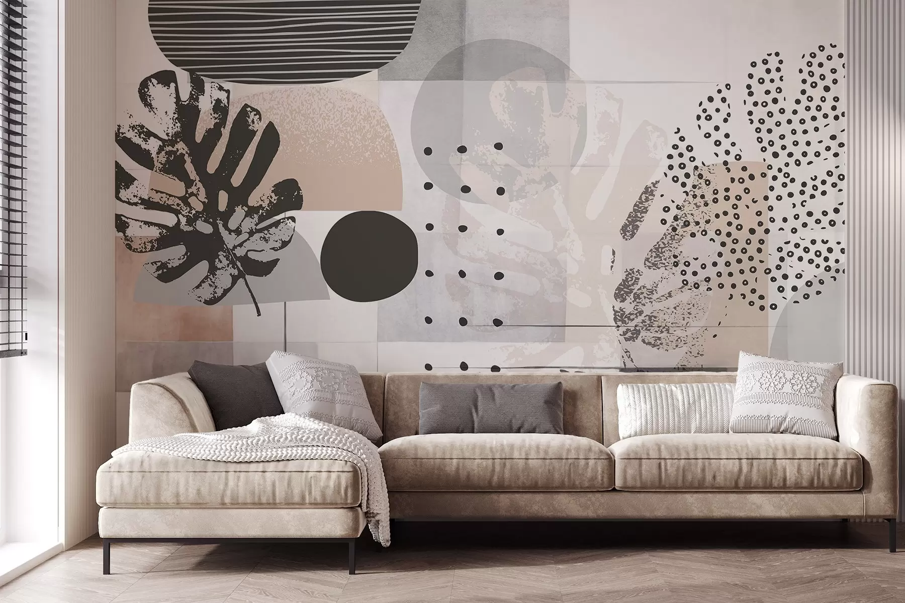 murales de pared Estampado abstracto con formas geométricas y hojas tropicales de monstera, círculos, puntos y líneas, diseño moderno y minimalista w09333