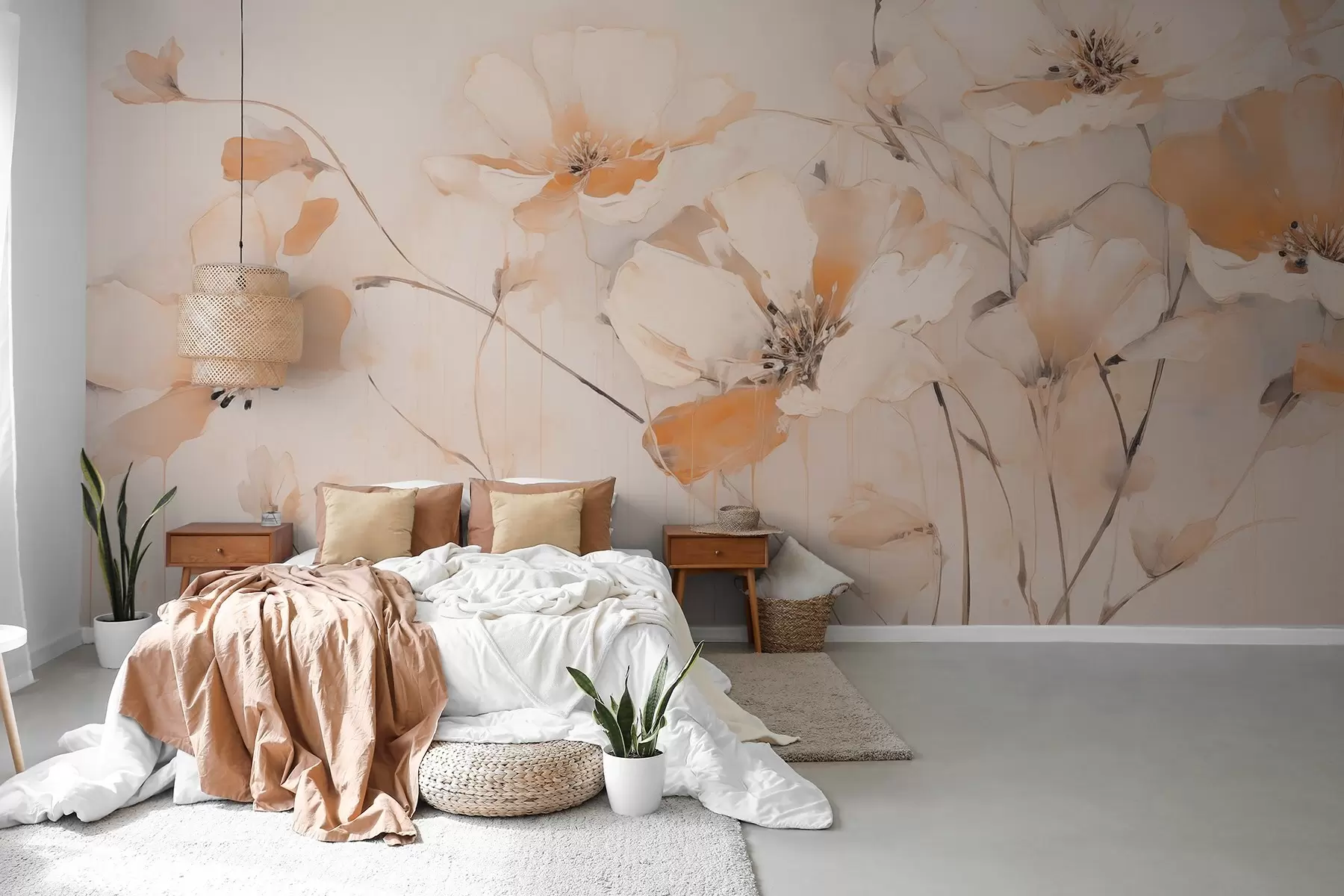murales de pared Flores blancas y anaranjadas con largos tallos, fondo claro, colores suaves, composición elegante, pinceladas delicadas w09335