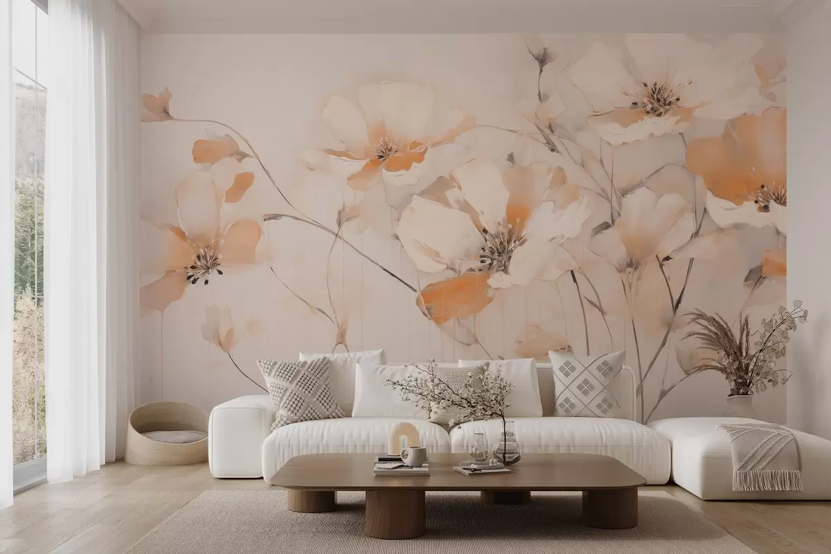 murales de pared Flores blancas y anaranjadas con largos tallos, fondo claro, colores suaves, composición elegante, pinceladas delicadas w09335