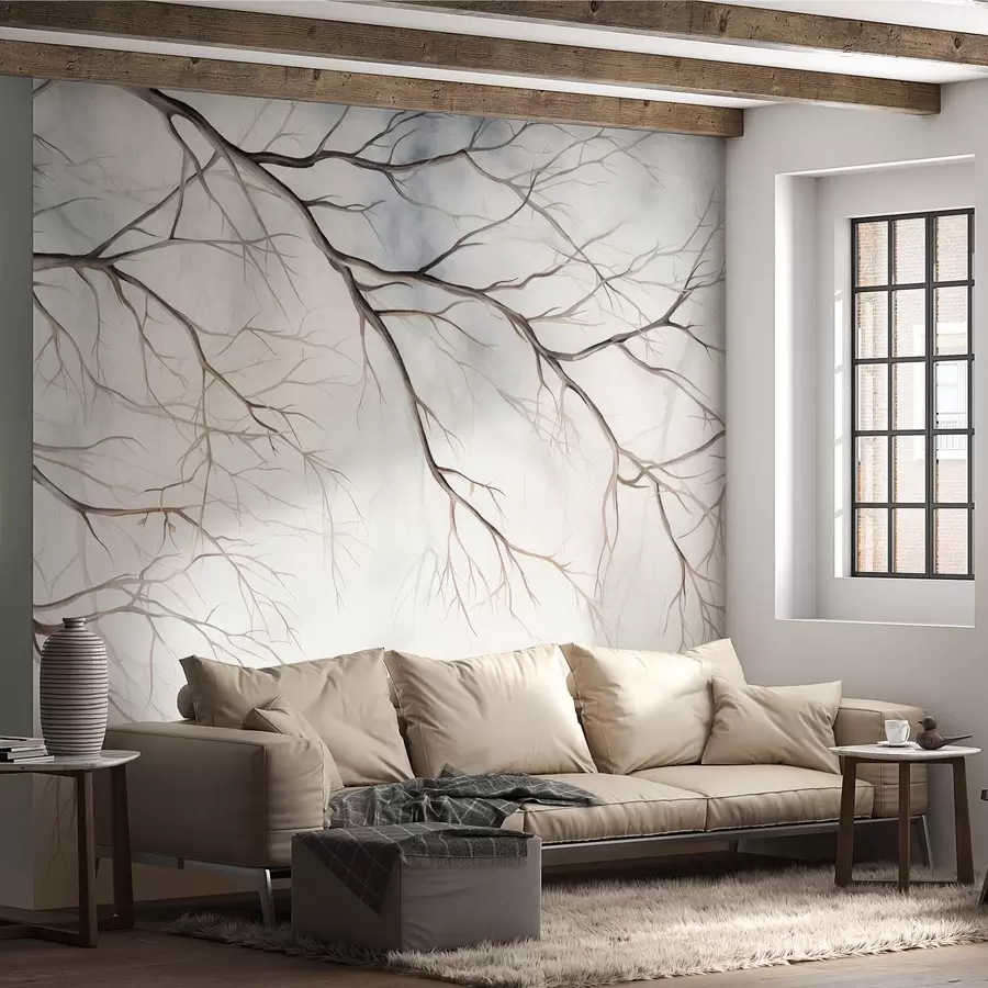 murales de pared Ramas de árbol con un efecto de textura de acuarela, detalles intrincados, paleta de colores suaves, sobre un fondo claro w09337
