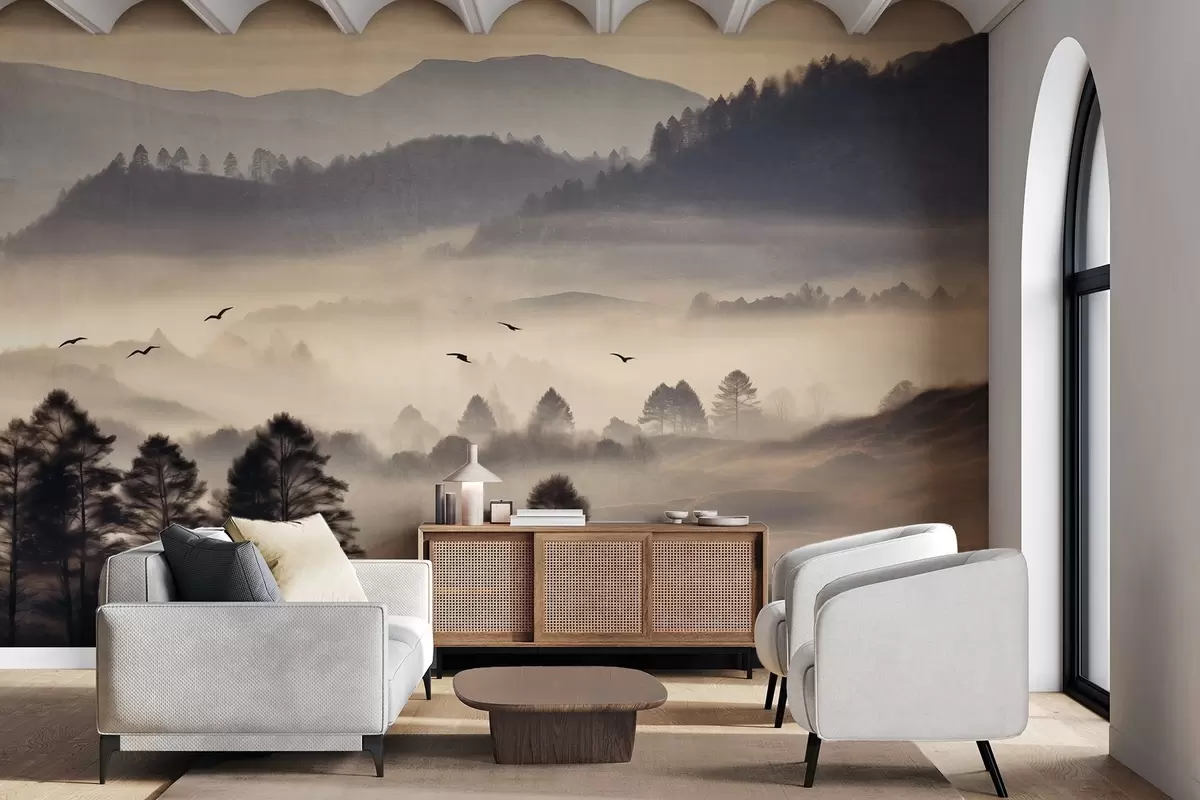 murales de pared Paisaje montañoso texturizado con capas de niebla, árboles silueteados en primer plano, cordillera distante, iluminación suave w09338