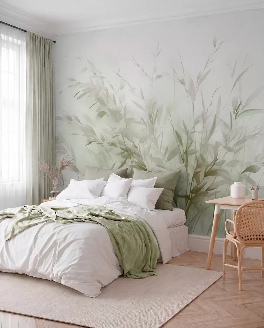 murales de pared Hierba y maleza con hojas y tallos finos, colores verde claro y marrón, pinceladas suaves y delicadas, estampado minimalista w09342